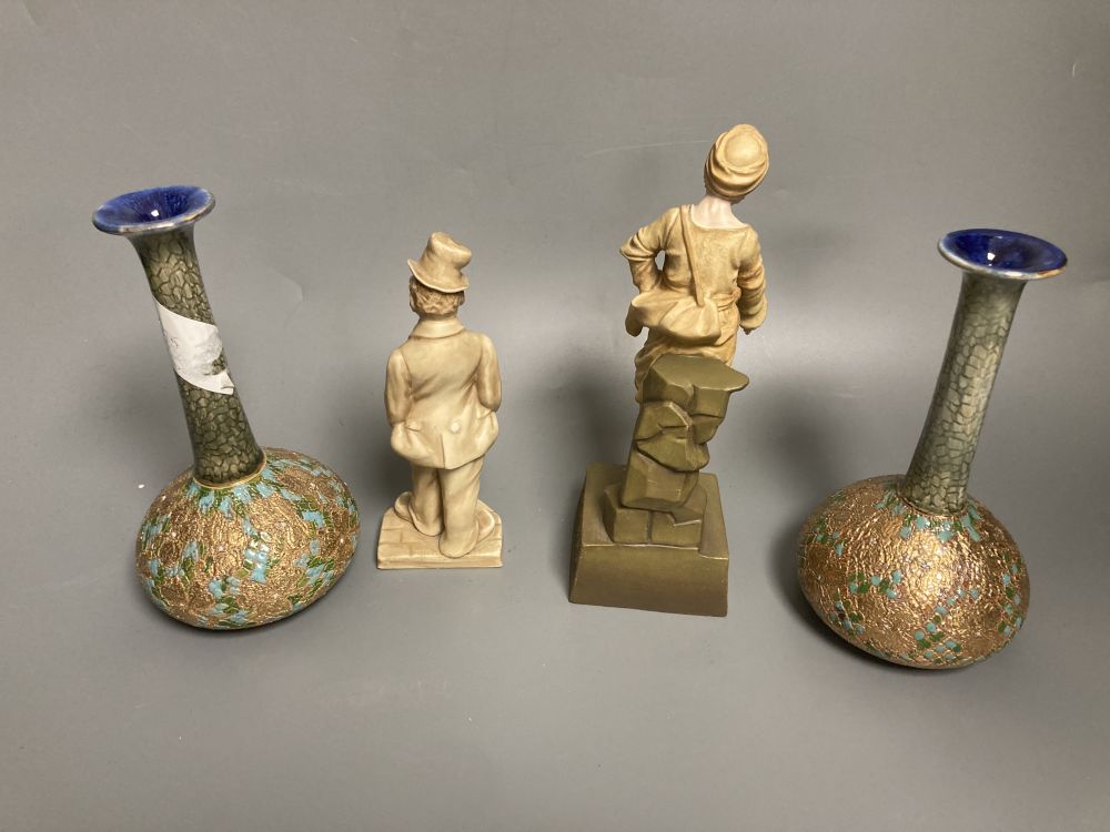 A Royal Worcester figure, an Ernst Wahliss Vienna figurine, and a pair of Doulton vases, tallest 18cm